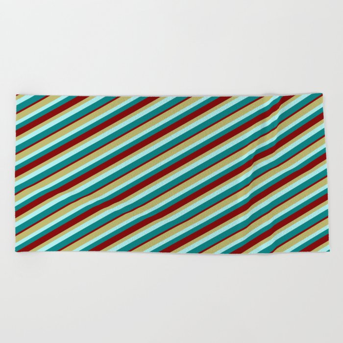 Dark Khaki, Turquoise, Teal, and Maroon Colored Lines/Stripes Pattern Beach Towel