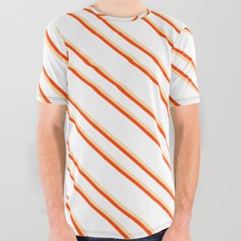 [ Thumbnail: White, Tan, and Red Colored Stripes/Lines Pattern All Over Graphic Tee ]