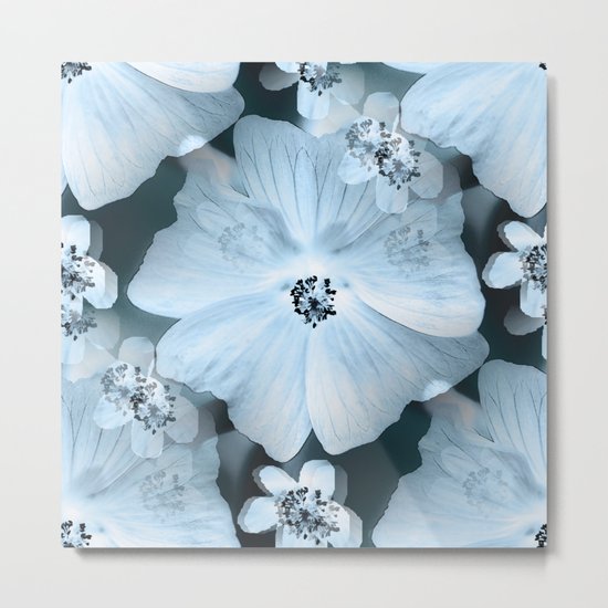 Flower-power - pastel blue flowers on a dark blue background Metal Print