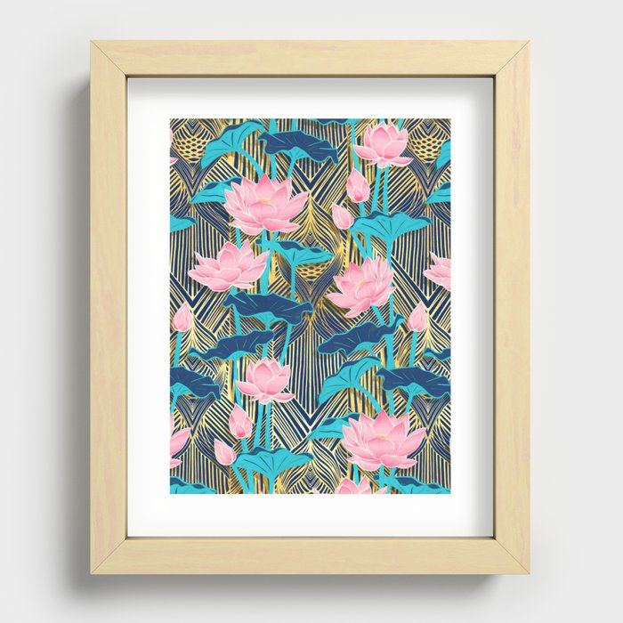 Art Deco Lotus Flowers in Pink & Navy Recessed Framed Print