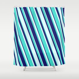 [ Thumbnail: Turquoise, Midnight Blue, and Light Cyan Colored Stripes/Lines Pattern Shower Curtain ]