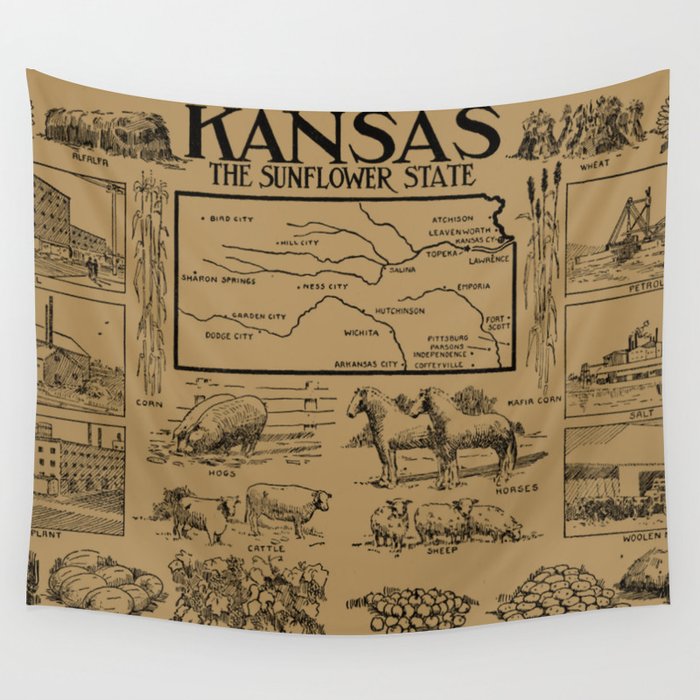 Vintage Illustrative Map of Kansas (1912) - Tan Wall Tapestry by BravuraMedia  Society6