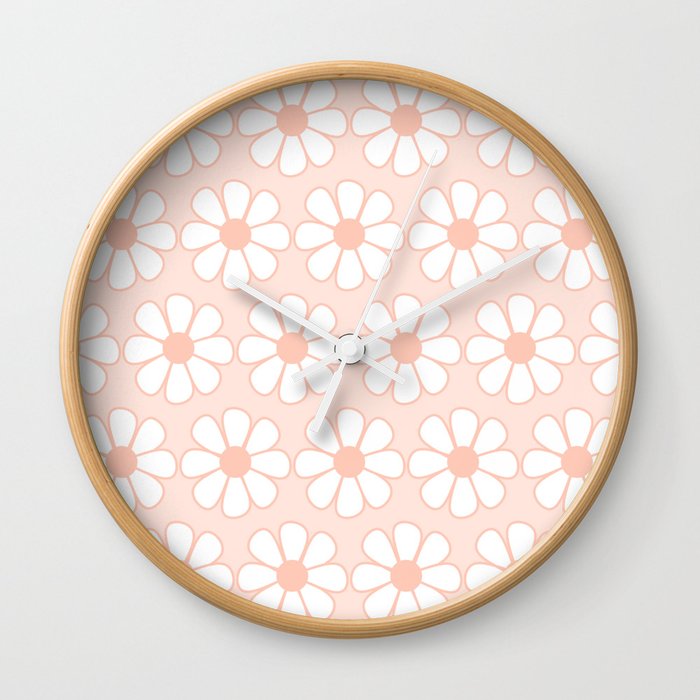 Cheerful Retro Daisy Floral Pattern in Pale Pastel Blush Pink Wall Clock