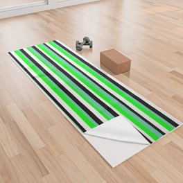 [ Thumbnail: Aquamarine, Lime, White, and Black Colored Lined/Striped Pattern Yoga Towel ]