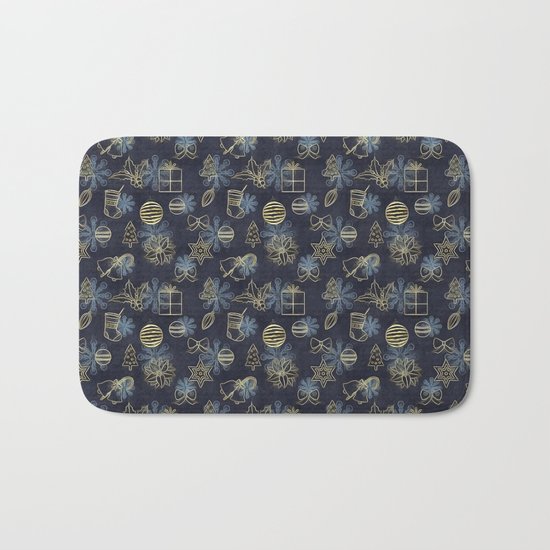 Christmas Golden pattern on dark blue background Bath Mat