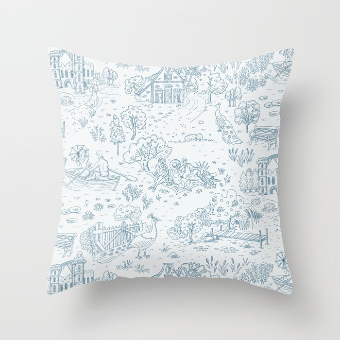 peacock island toile de jouy | teal blue on gray Throw Pillow