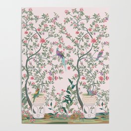 Chinoiserie Blush Pink Fresco Floral Garden Birds Oriental Botanical Poster