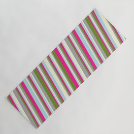 [ Thumbnail: Beige, Dark Gray, Green, Deep Pink, and Powder Blue Colored Stripes Pattern Yoga Mat ]