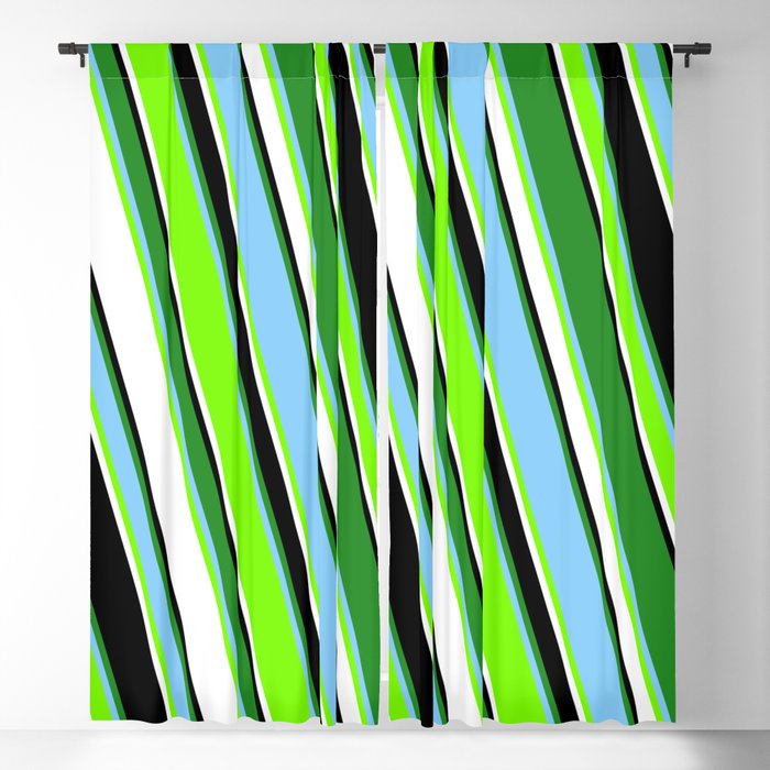Colorful Forest Green, Light Sky Blue, Green, White, and Black Colored Pattern of Stripes Blackout Curtain