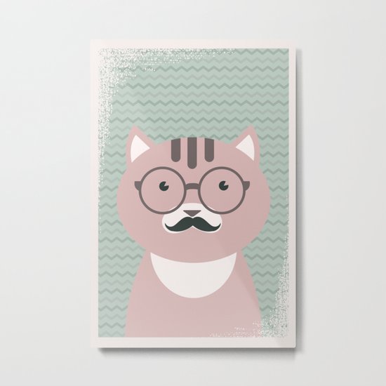 Clever Cat cute pet hippster moustache character Metal Print