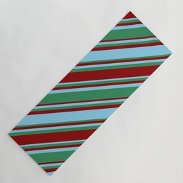 [ Thumbnail: Sky Blue, Sea Green, and Dark Red Colored Lined/Striped Pattern Yoga Mat ]