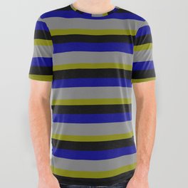 [ Thumbnail: Green, Black, Blue & Gray Colored Lined Pattern All Over Graphic Tee ]