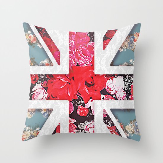 God save the Queen | Elegant girly red floral & lace Union Jack Throw Pillow