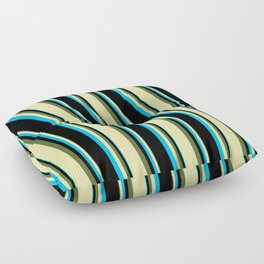 [ Thumbnail: Dark Olive Green, Pale Goldenrod, Deep Sky Blue, and Black Colored Pattern of Stripes Floor Pillow ]