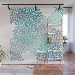 Floral Pattern, Aqua, Teal, Turquoise and Gray Wall Mural
