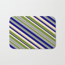 [ Thumbnail: Green, Dark Grey, Blue, and Bisque Colored Stripes/Lines Pattern Bath Mat ]