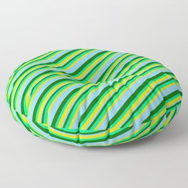 [ Thumbnail: Dark Green, Green, Yellow & Light Sky Blue Colored Lined Pattern Floor Pillow ]