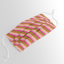 [ Thumbnail: Green, Chocolate, Light Pink, Tan, and Deep Pink Colored Lines/Stripes Pattern Face Mask ]