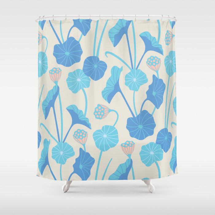 LOTUS POND Blue and White Japanese Lotus Leaves Seed Pods Shower Curtain