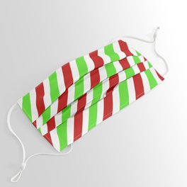 [ Thumbnail: Christmas Themed Green, White, and Red Colored Lined Pattern Face Mask ]