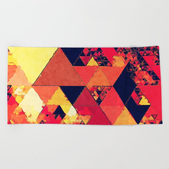 Pure fire- Red yellow black abstract Triangle pattern- Watercolor Illustration Beach Towel