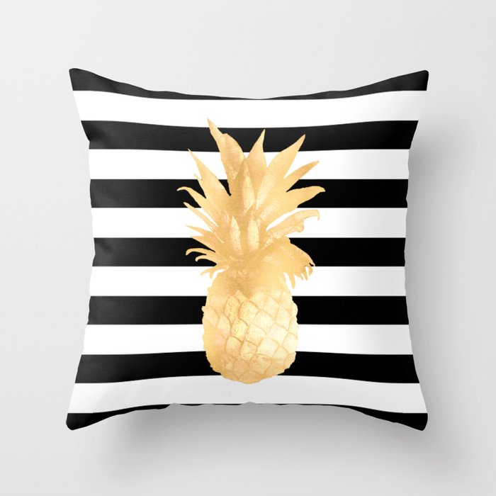 Gold Pineapple Black and White Stripes Throw Pillow