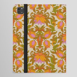 Orange, Pink Flowers and Green Leaves 1960s Retro Vintage Pattern iPad Folio Case