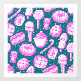 Sweet Delights Pattern - Donuts, Ice Cream, Cookies, Candies, Gummy Bears in Pink Art Print