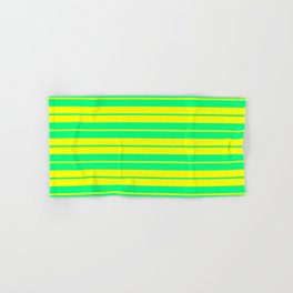 [ Thumbnail: Green & Yellow Colored Pattern of Stripes Hand & Bath Towel ]