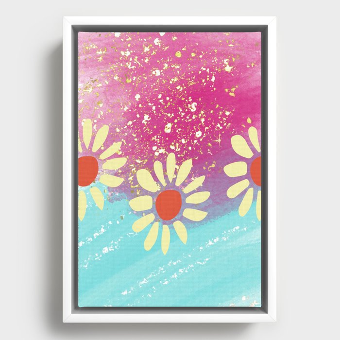 Retro Floral Pink and Blue With Glitter  Framed Canvas