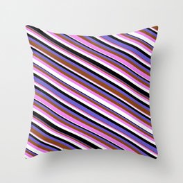 [ Thumbnail: Eye-catching Slate Blue, Brown, Violet, White & Black Colored Pattern of Stripes Throw Pillow ]