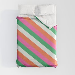 [ Thumbnail: Mint Cream, Coral, Hot Pink, and Sea Green Colored Lined Pattern Duvet Cover ]