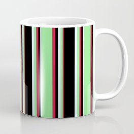 [ Thumbnail: Crimson, Light Green, Light Cyan, and Black Colored Pattern of Stripes Coffee Mug ]