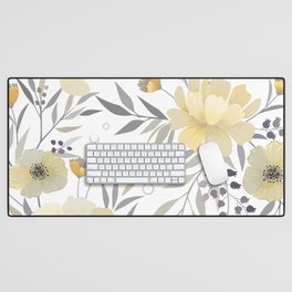 Modern, Floral Prints, Yellow, Gray and White Desk Mat