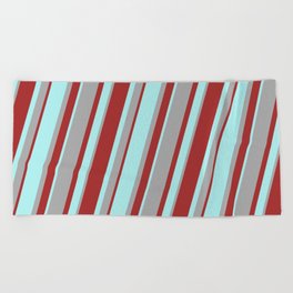 [ Thumbnail: Turquoise, Dark Gray, and Brown Colored Lined/Striped Pattern Beach Towel ]