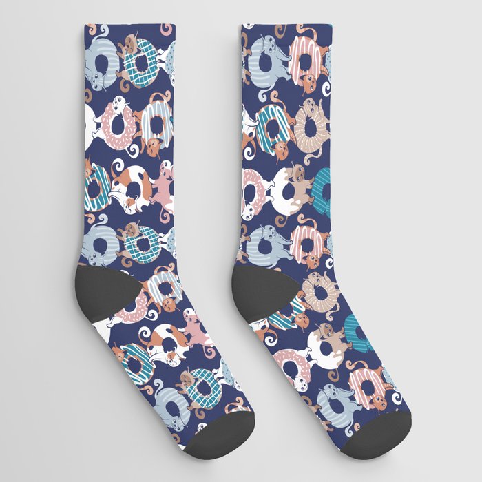 Cats Donut Care // blue background blush pink, teal pastel blue and brown sweet kitties Socks