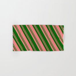 [ Thumbnail: Light Coral and Dark Green Colored Lines Pattern Hand & Bath Towel ]