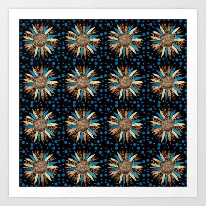 Sunflower In Black Blue hand drawn Polka Dot Background Art Print