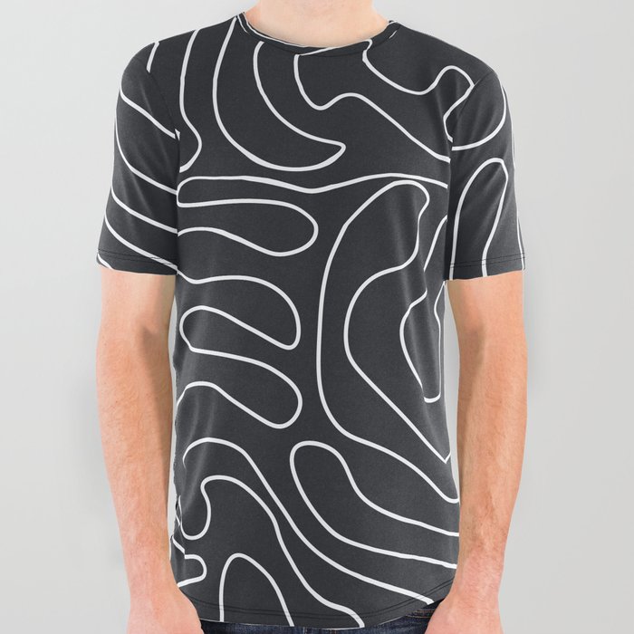 Mid Century Modern Styled Curvy Lines Pattern - Black and White All Over Graphic Tee