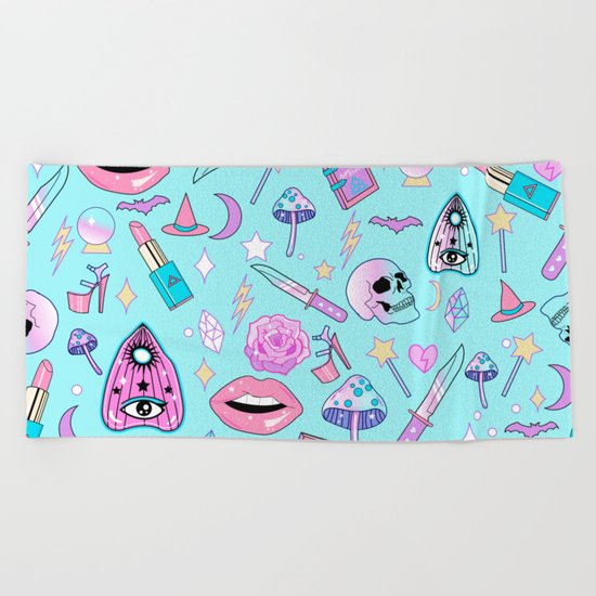 Girly Pastel Goth Witch Pattern Beach Towel