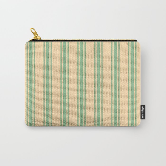 Tan and Dark Sea Green Colored Lined Pattern Carry-All Pouch