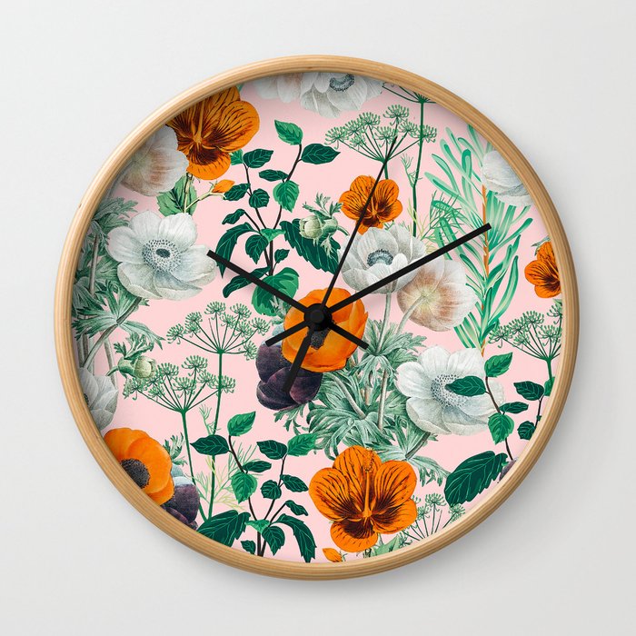 Wildflowers, Vintage Botanical Blush Floral Garden Illustration, Tropical Nature Bohemian Painting Wall Clock