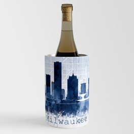 Milwaukee Skyline & Map Watercolor Navy Blue, Print by Zouzounio Art Wine Chiller