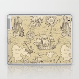 Vintage abstract seamless pattern on the theme of travel, adventure and discovery and pirates. Vintage repeating background with hand-drawn ships, anchors, wind rose and islands.  Laptop Skin