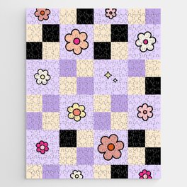 Checkered Daisies Retro Colorful Flower Lavender Check Pattern Jigsaw Puzzle
