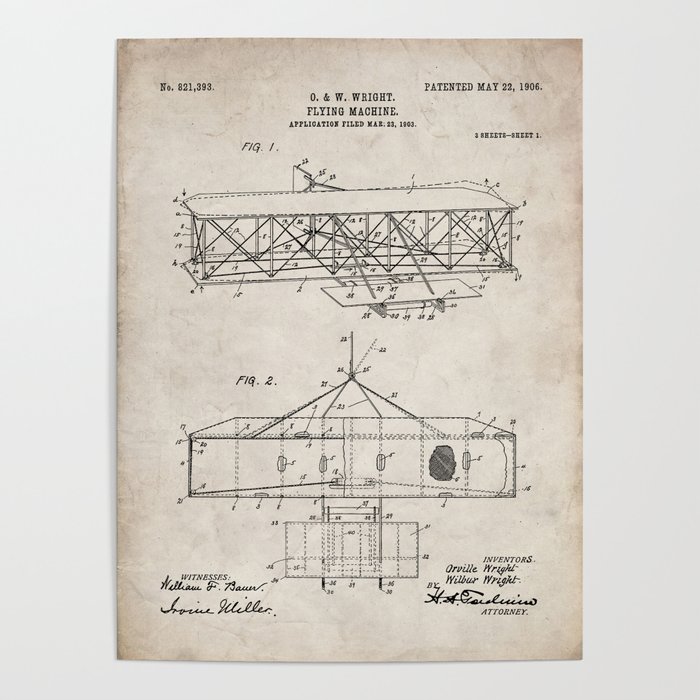 Wright Brother's Airplane Patent - Aviation History Art - Antique Poster