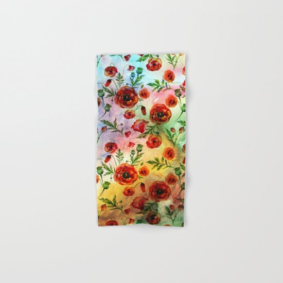 Poppy LOVE pattern- Poppies and Flowers on colorful watercolor background on #Society6 Hand & Bath Towel