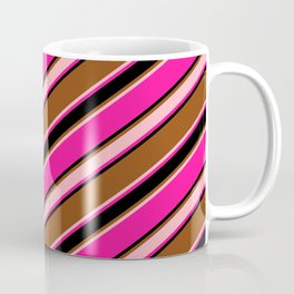 [ Thumbnail: Brown, Light Pink, Deep Pink & Black Colored Stripes/Lines Pattern Coffee Mug ]