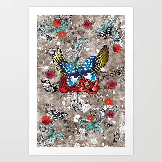 Butterfly with Roses Art Print