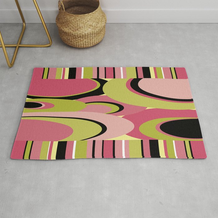Contemporary Circles And Stripes Pattern In Hot Pink Neon Green Black Rug By 19monkeys